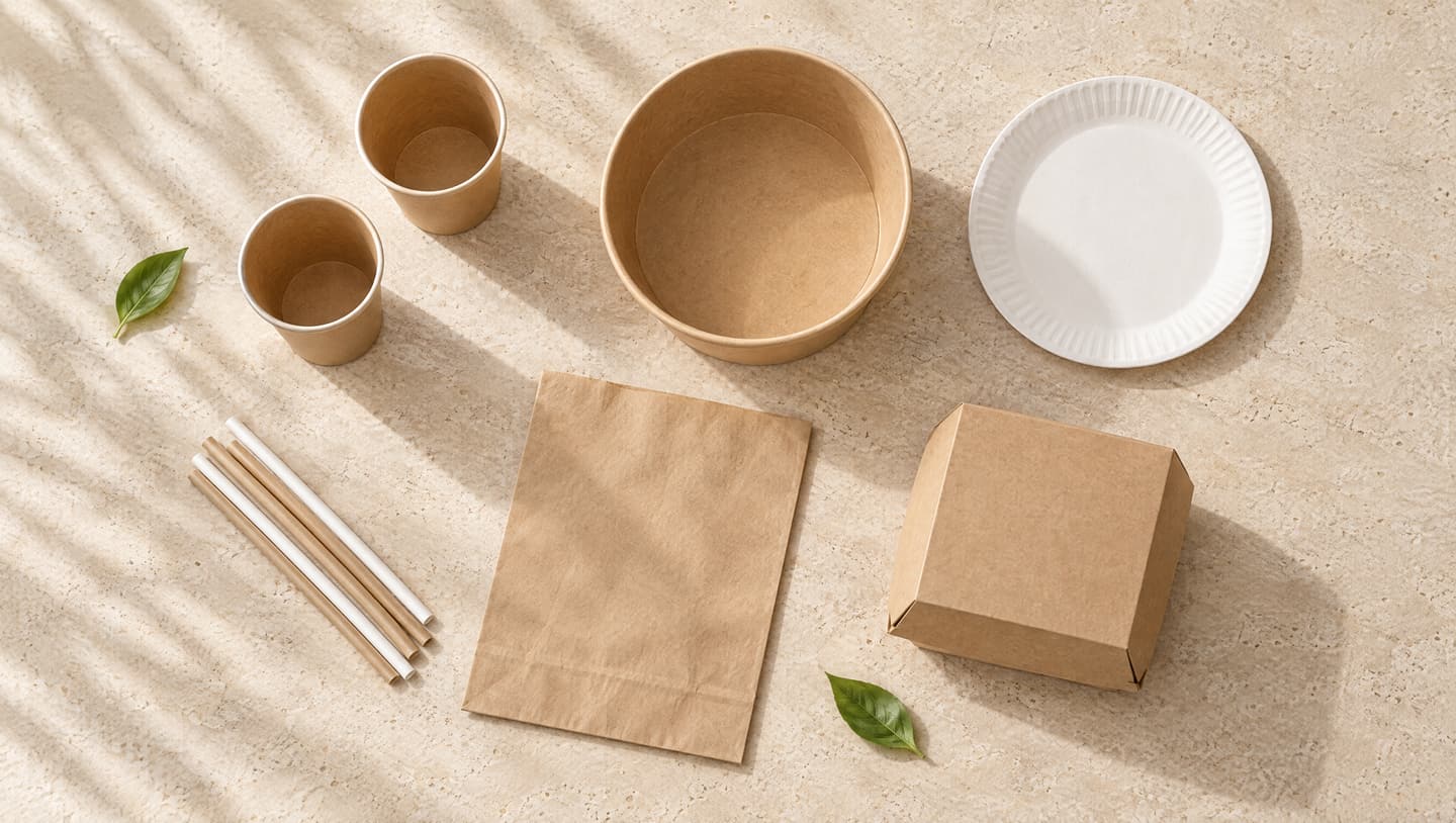 Kraft paper cups, a bowl, a paper plate, paper straws, a paper bag and a closed food box laid out on a sand surface, seen from above.