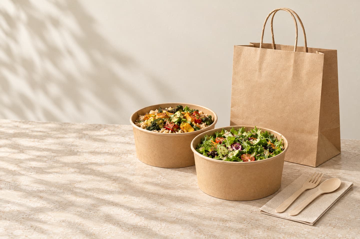 Two filled kraft paper bowls and a kraft paper bag on a counter, with a napkin and wooden cutlery.