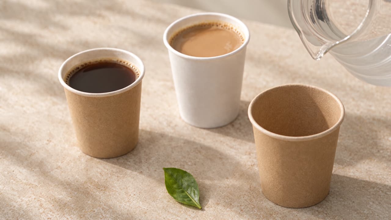 A glass carafe above three small paper cups, two kraft and one white, on a sand-coloured stone surface.